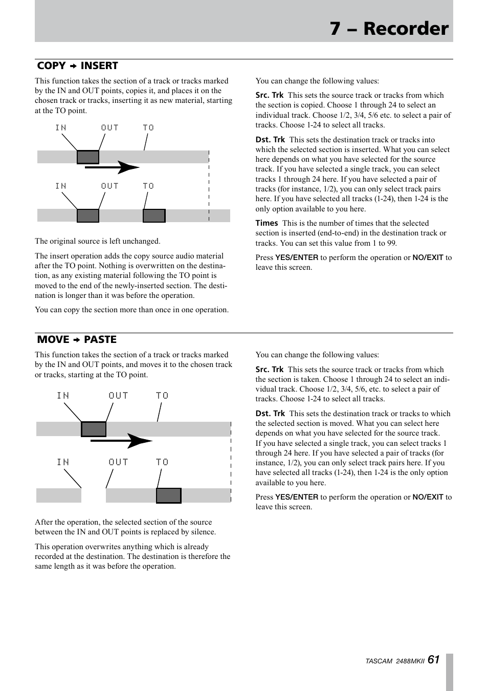 Copy insert, Move paste, Copy | Insert, Move, Paste, 7 − recorder | Tascam 2488MKII User Manual | Page 61 / 116