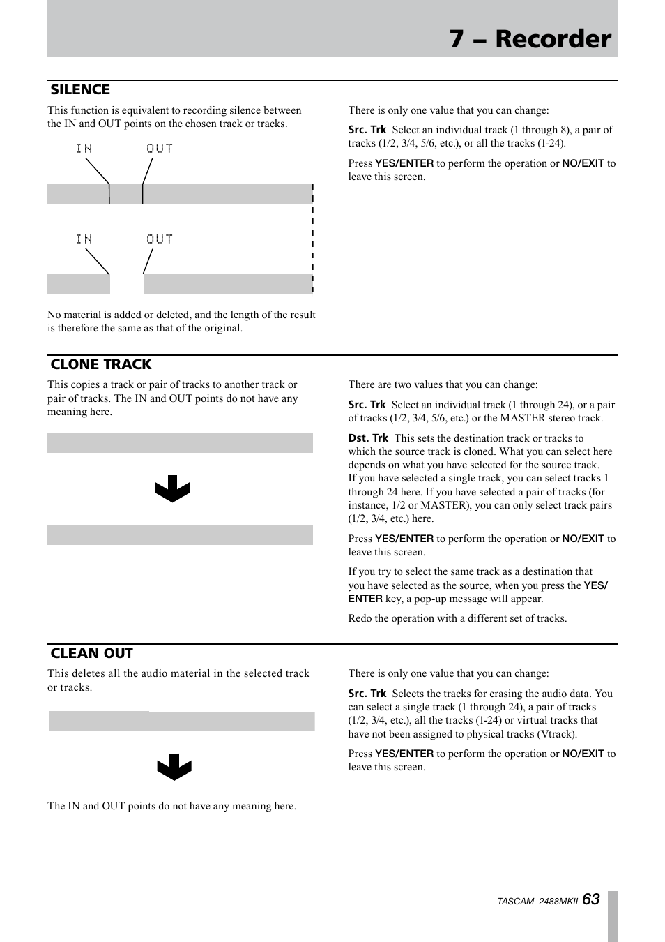 Silence, Clone track, Clean out | Silence clone track clean out, 7 − recorder, Clean out clone track | Tascam 2488MKII User Manual | Page 63 / 116