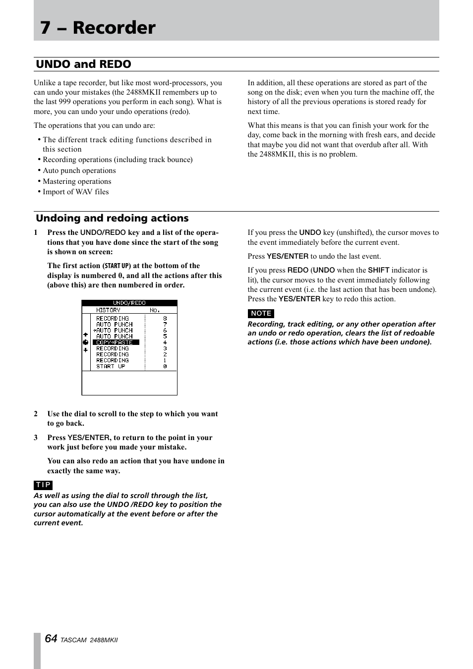 Undo and redo, Undoing and redoing actions, 7 − recorder | Tascam 2488MKII User Manual | Page 64 / 116