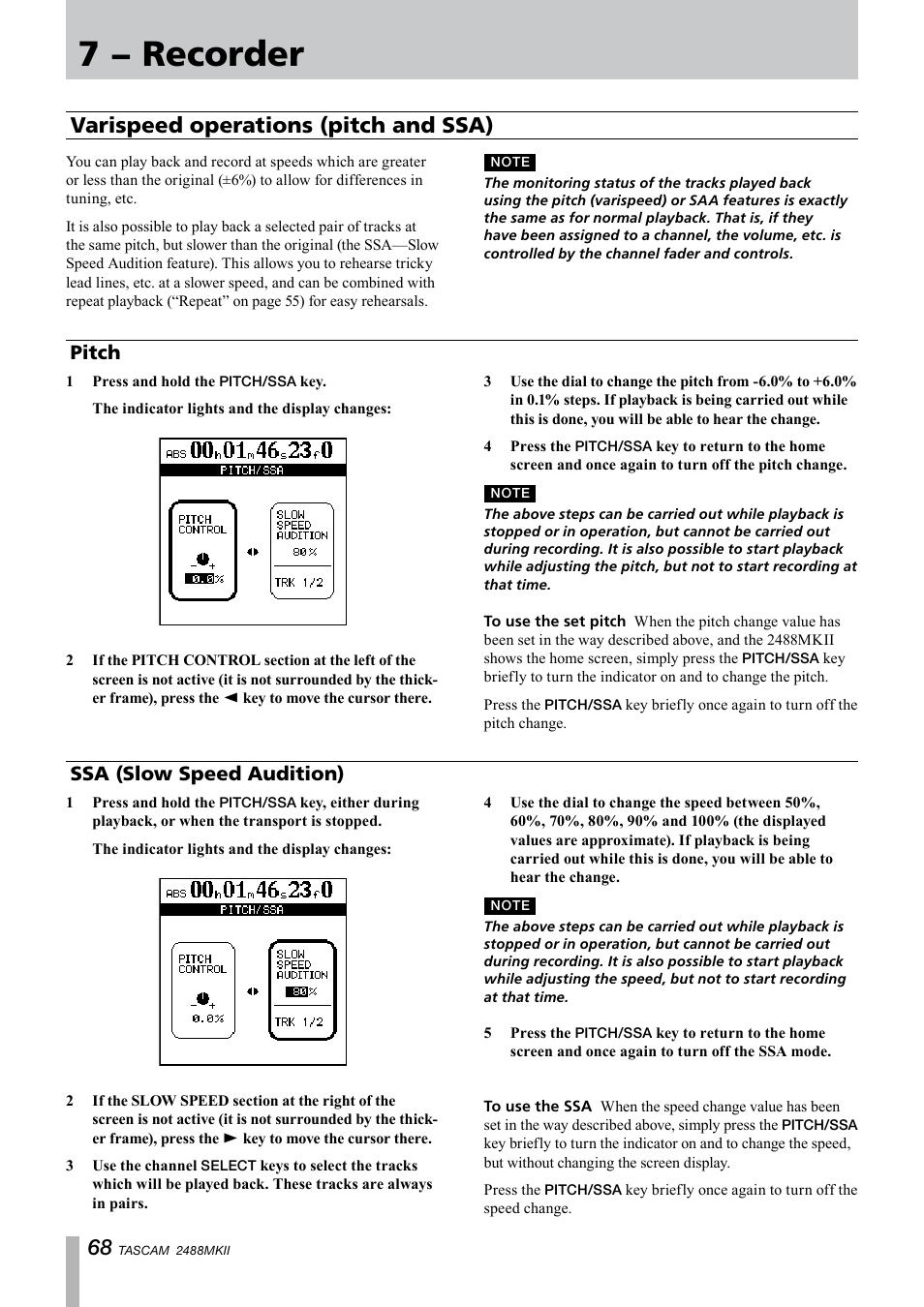 Varispeed operations (pitch and ssa), Pitch, Ssa (slow speed audition) | Pitch ssa (slow speed audition), 7 − recorder | Tascam 2488MKII User Manual | Page 68 / 116