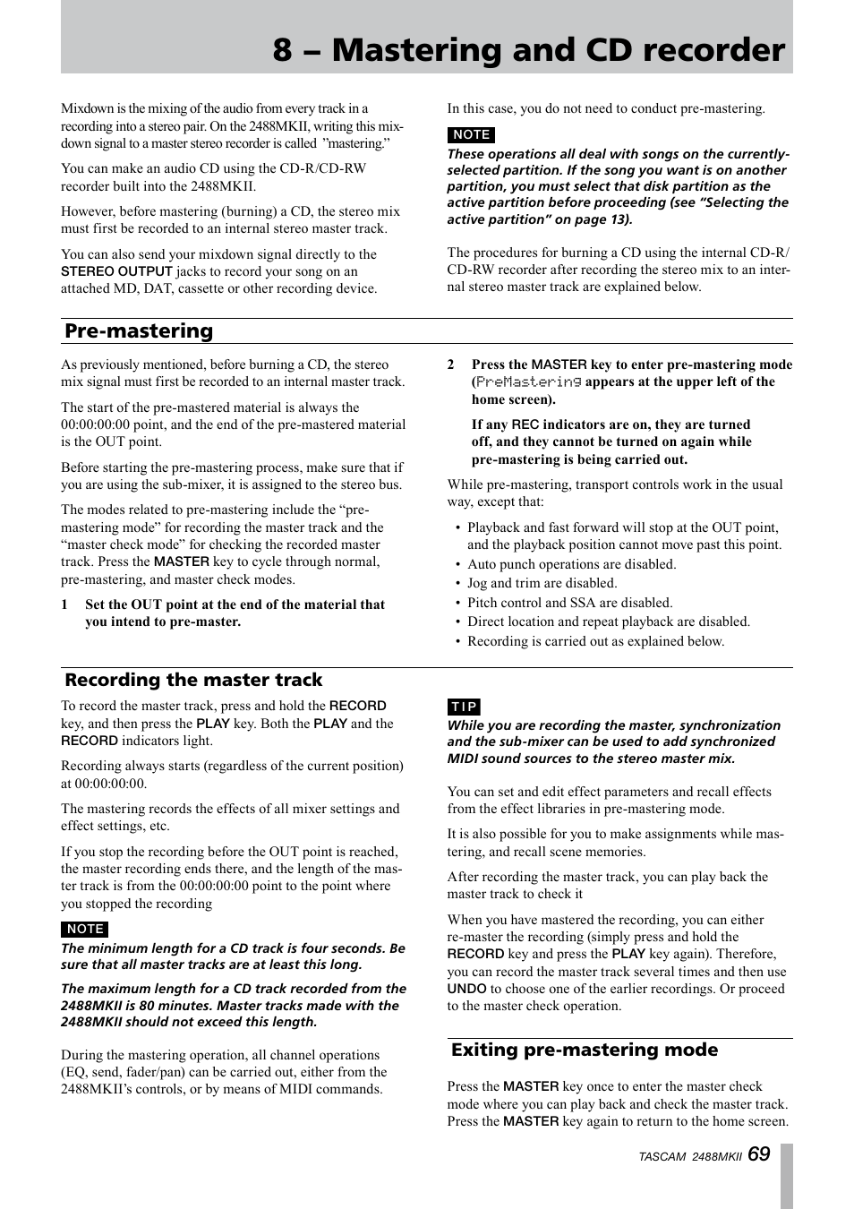 8 − mastering and cd recorder, Pre-mastering, Recording the master track | Exiting pre-mastering mode | Tascam 2488MKII User Manual | Page 69 / 116