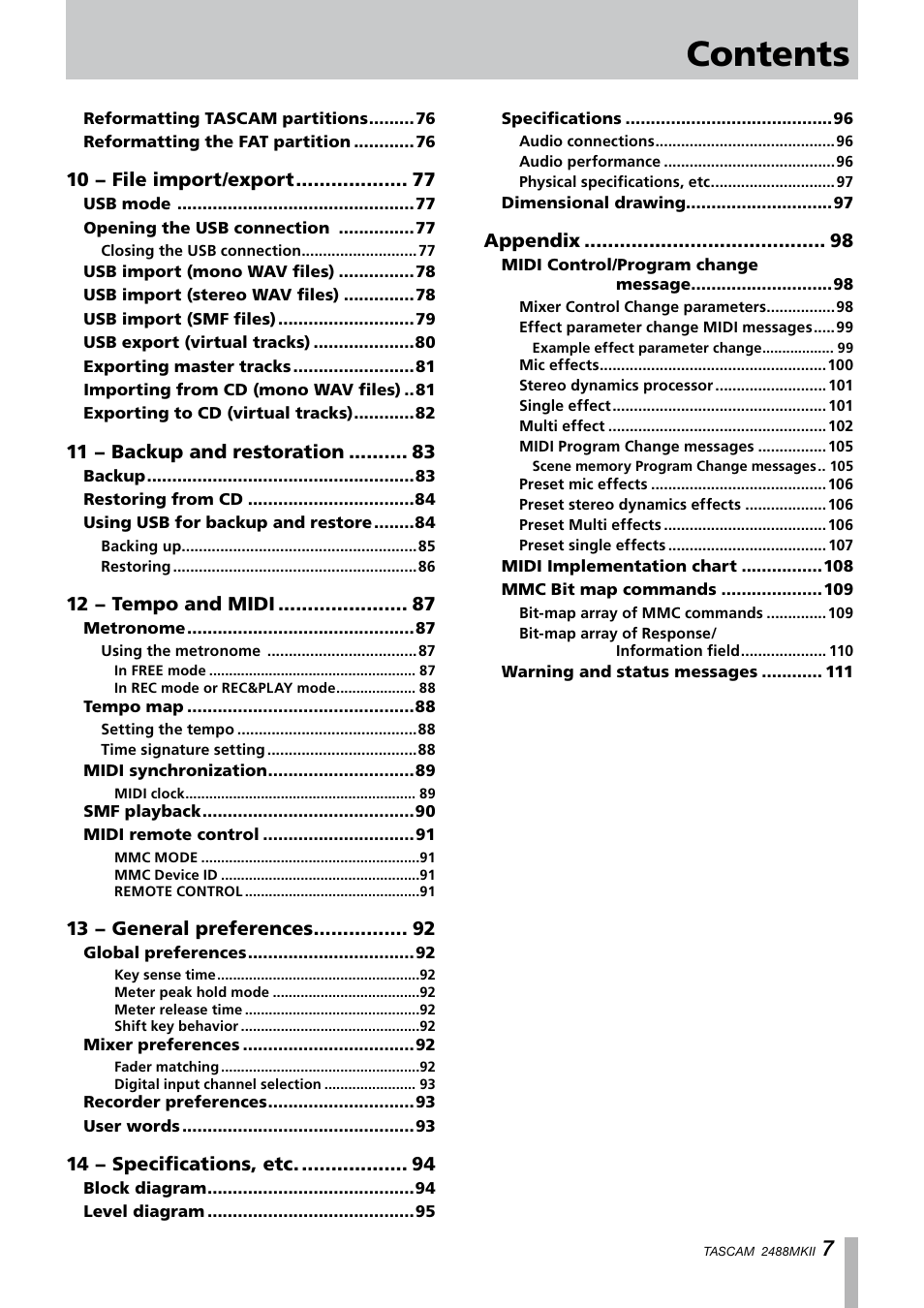 Tascam 2488MKII User Manual | Page 7 / 116