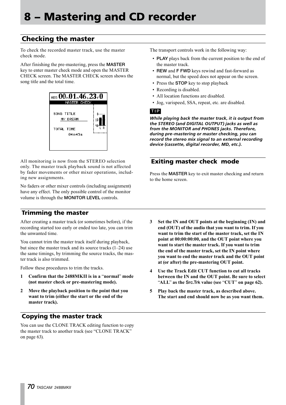 Checking the master, Exiting master check mode, Trimming the master | Copying the master track, 8 − mastering and cd recorder, Trimming the master copying the master track | Tascam 2488MKII User Manual | Page 70 / 116