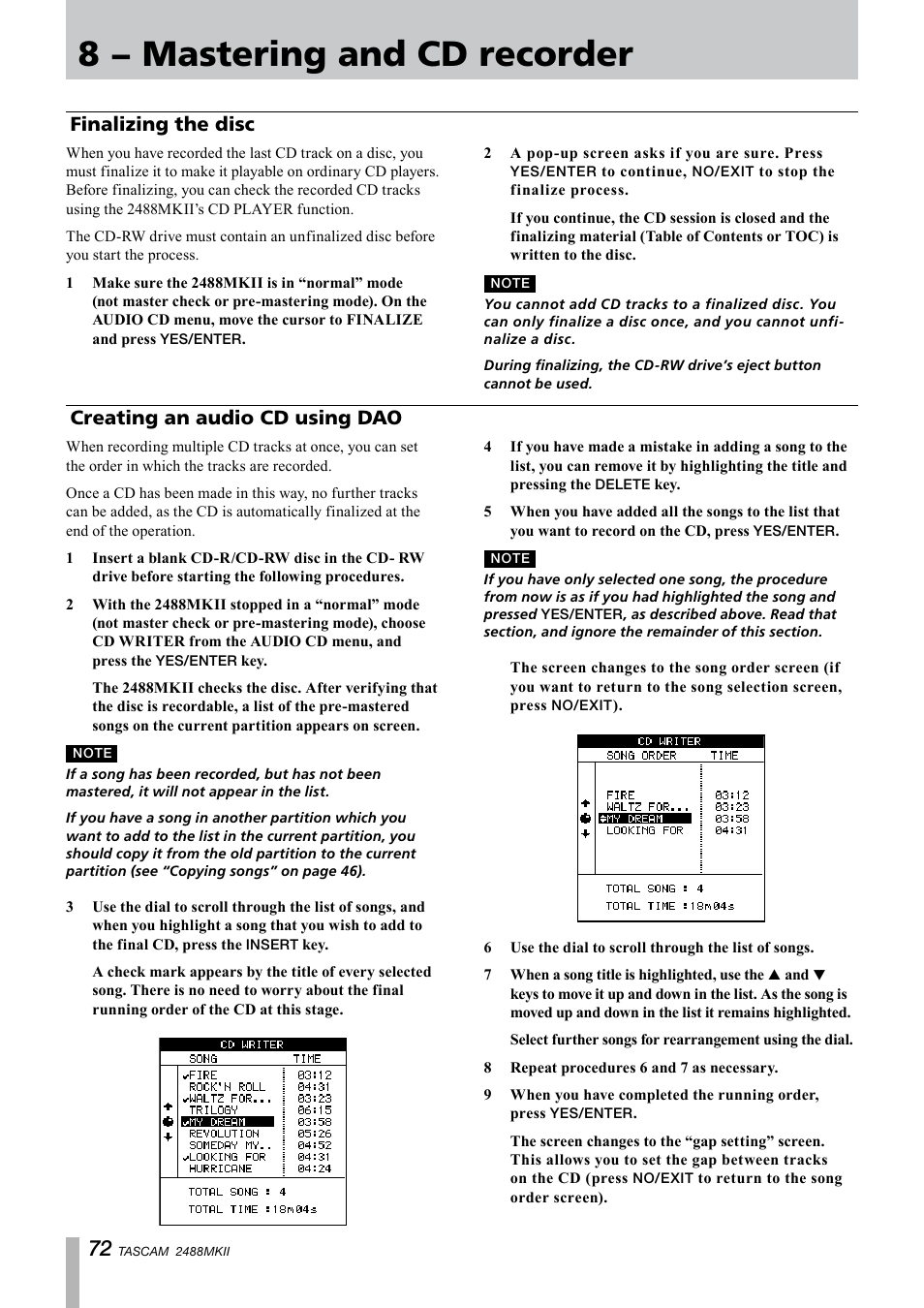 Finalizing the disc, Creating an audio cd using dao, Finalizing the disc creating an audio cd using dao | 8 − mastering and cd recorder, Creating an audio cd using dao finalizing the disc | Tascam 2488MKII User Manual | Page 72 / 116