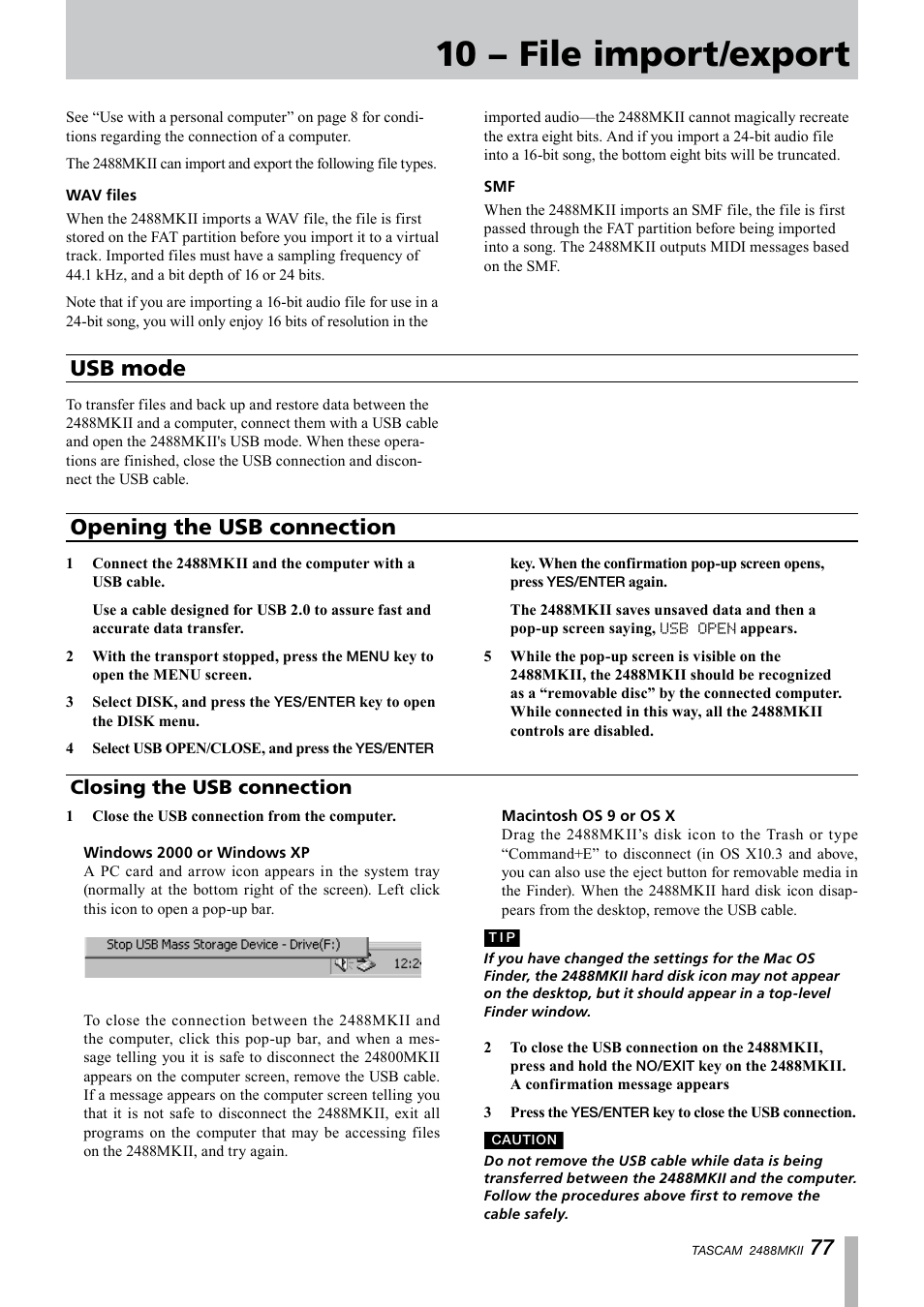 10 − file import/export, Usb mode, Opening the usb connection | Closing the usb connection, Usb mode opening the usb connection | Tascam 2488MKII User Manual | Page 77 / 116