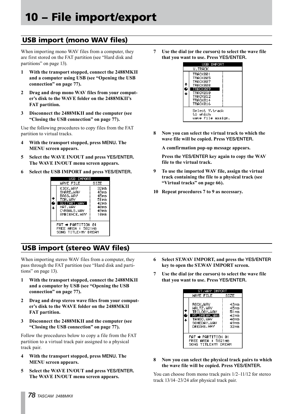 Usb import (mono wav files), Usb import (stereo wav files), 10 − file import/export | Tascam 2488MKII User Manual | Page 78 / 116