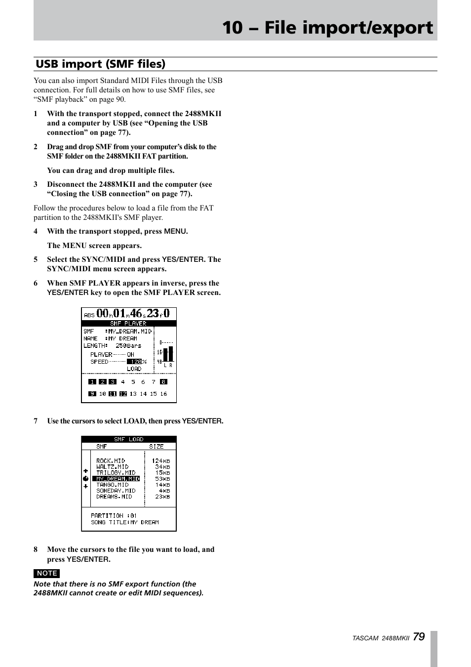 Usb import (smf files), 10 − file import/export | Tascam 2488MKII User Manual | Page 79 / 116
