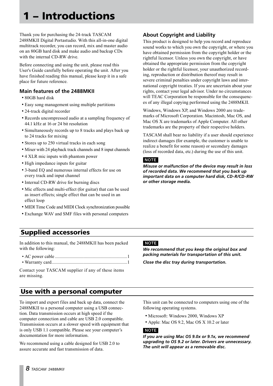 1 − introductions, Supplied accessories, Use with a personal computer | Tascam 2488MKII User Manual | Page 8 / 116