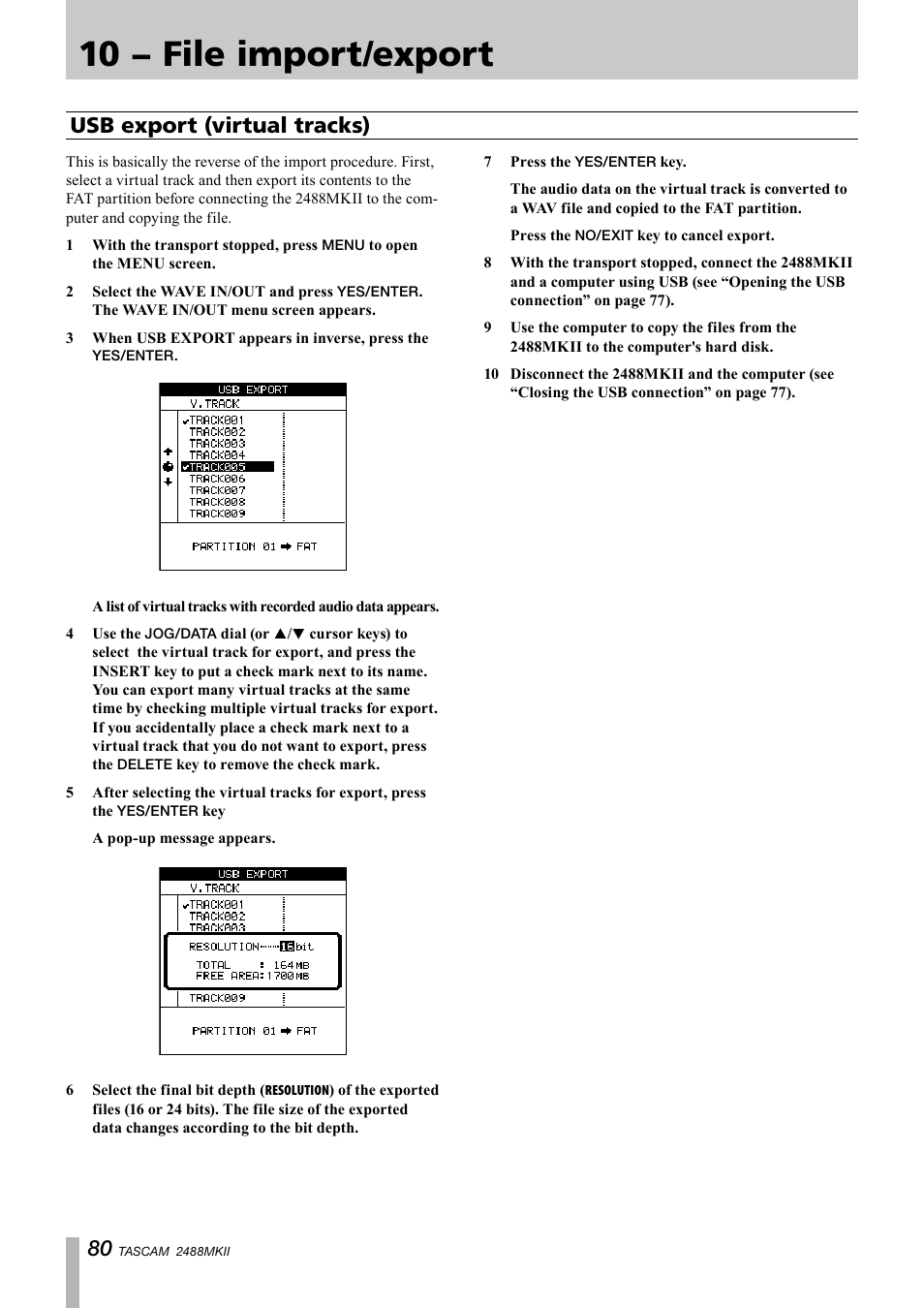 Usb export (virtual tracks), 10 − file import/export | Tascam 2488MKII User Manual | Page 80 / 116