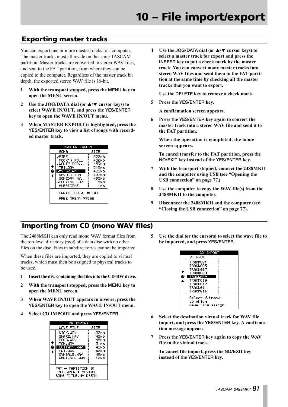 Exporting master tracks, Importing from cd (mono wav files), 10 − file import/export | Tascam 2488MKII User Manual | Page 81 / 116