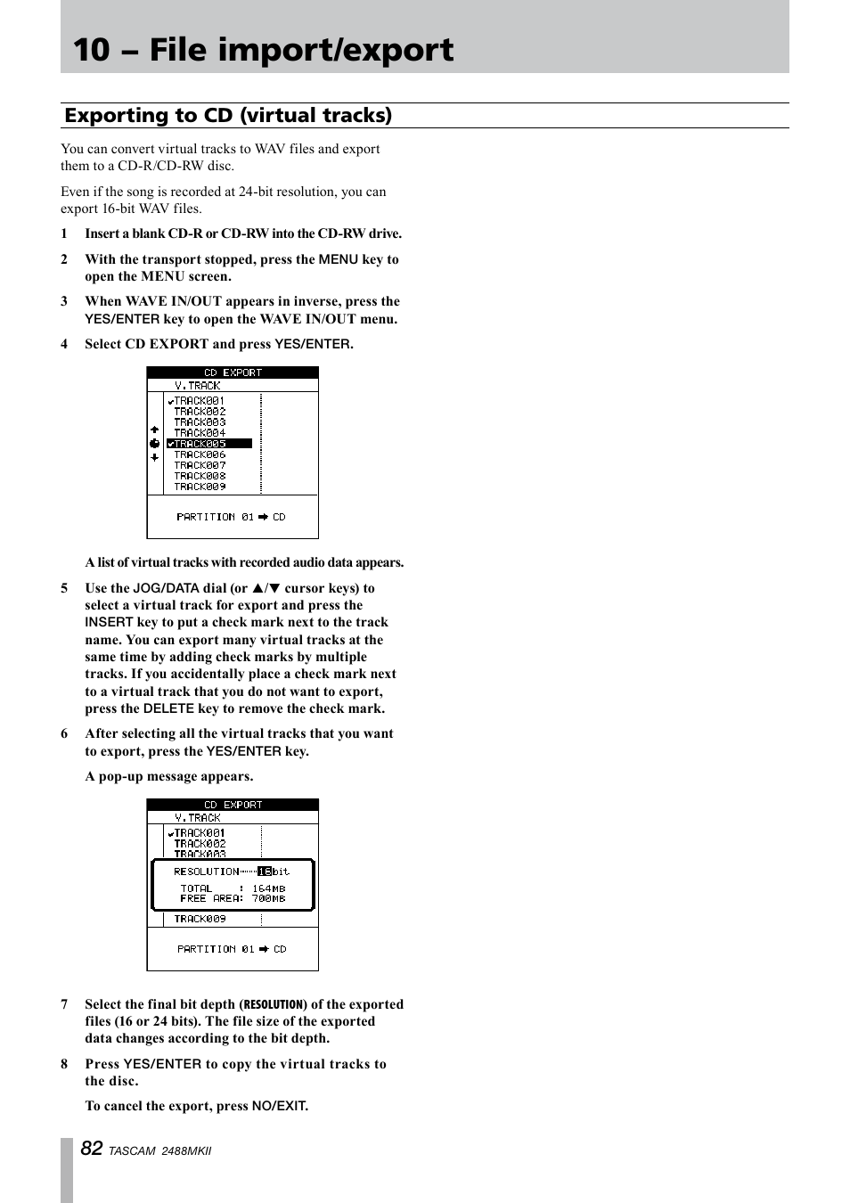 Exporting to cd (virtual tracks), 10 − file import/export | Tascam 2488MKII User Manual | Page 82 / 116