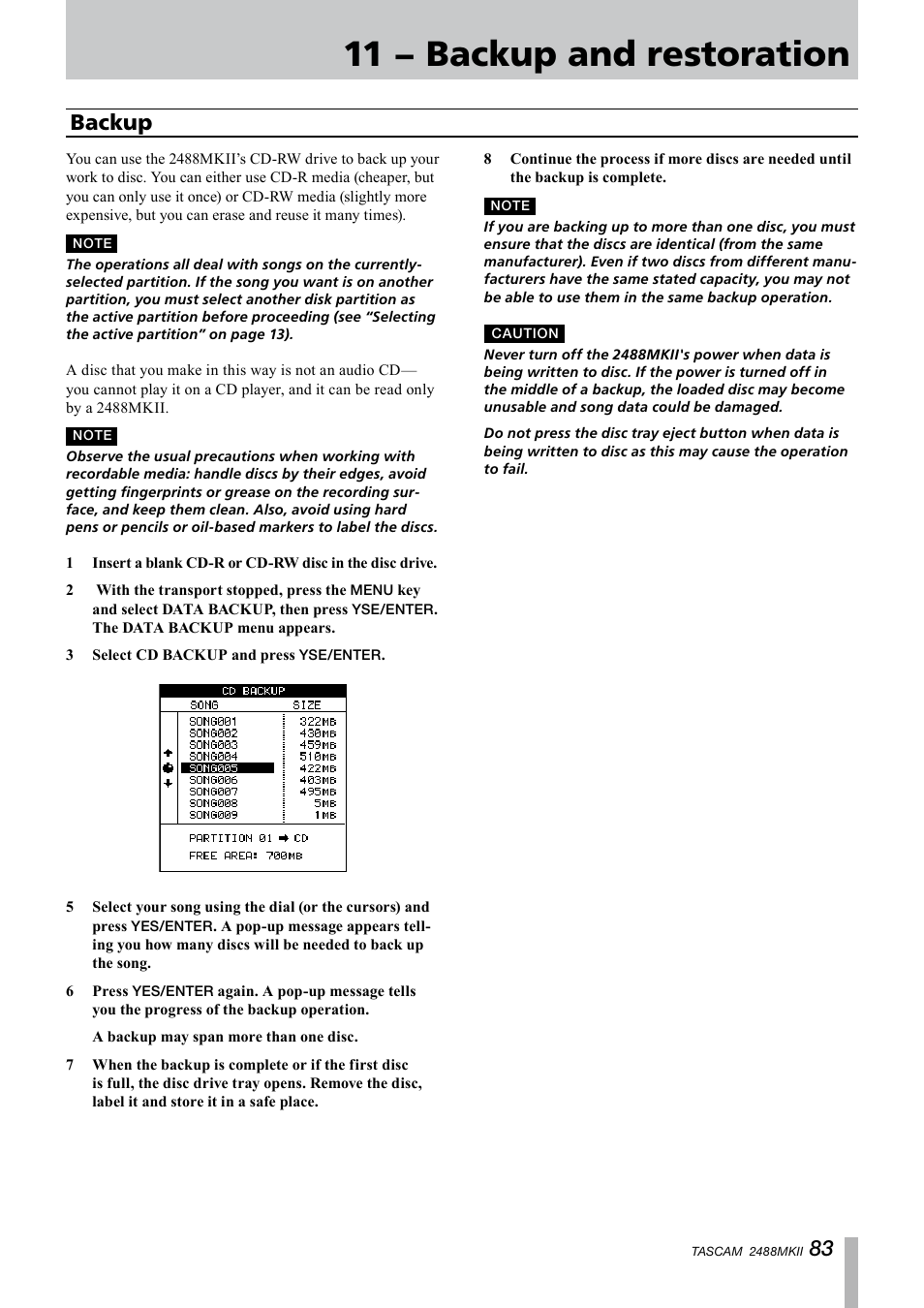 11 − backup and restoration, Backup | Tascam 2488MKII User Manual | Page 83 / 116