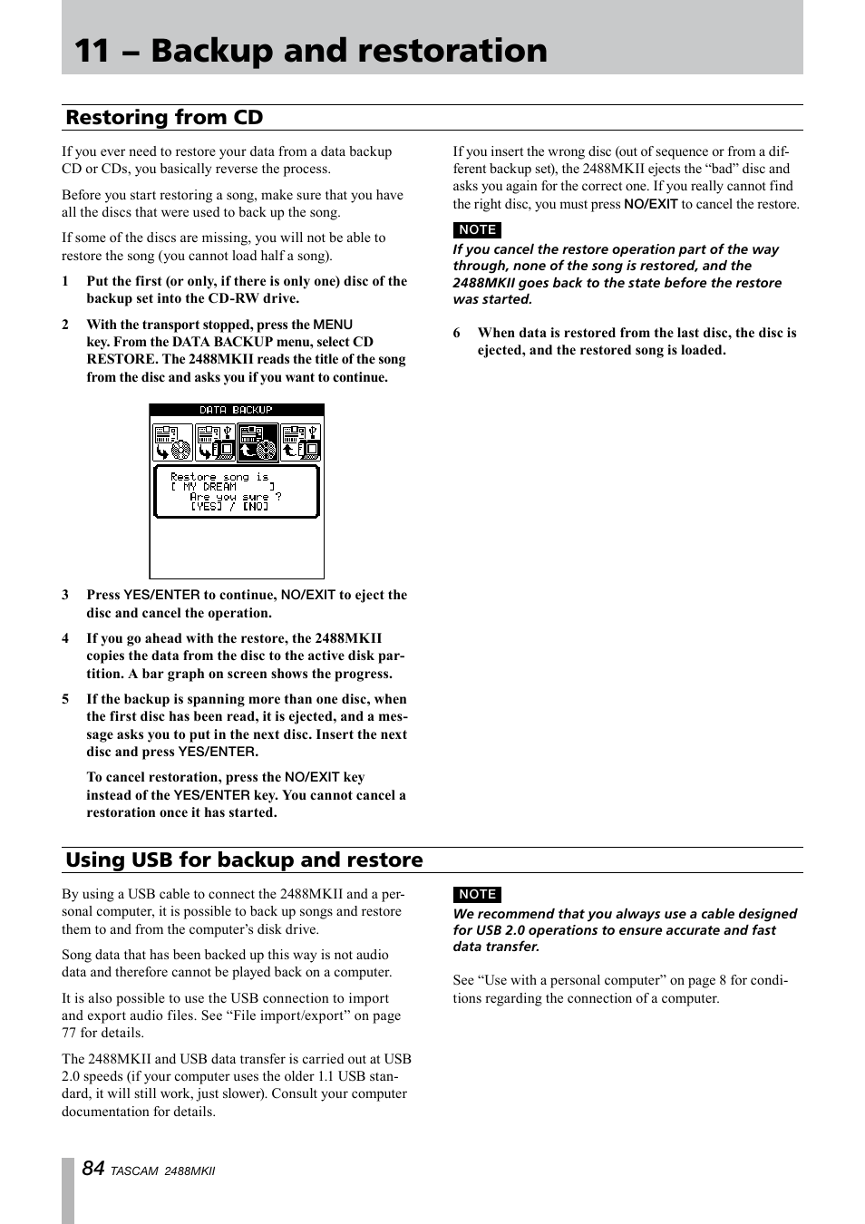 Restoring from cd, Using usb for backup and restore, Restoring from cd using usb for backup and restore | 11 − backup and restoration, Using usb for backup and restore restoring from cd | Tascam 2488MKII User Manual | Page 84 / 116