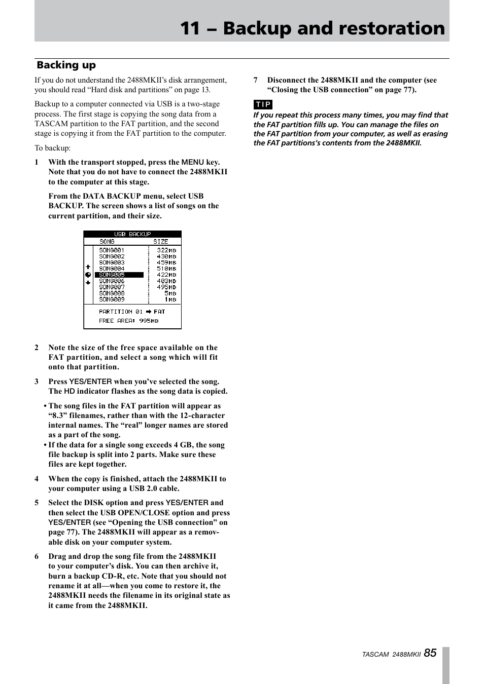 Backing up, 11 − backup and restoration | Tascam 2488MKII User Manual | Page 85 / 116