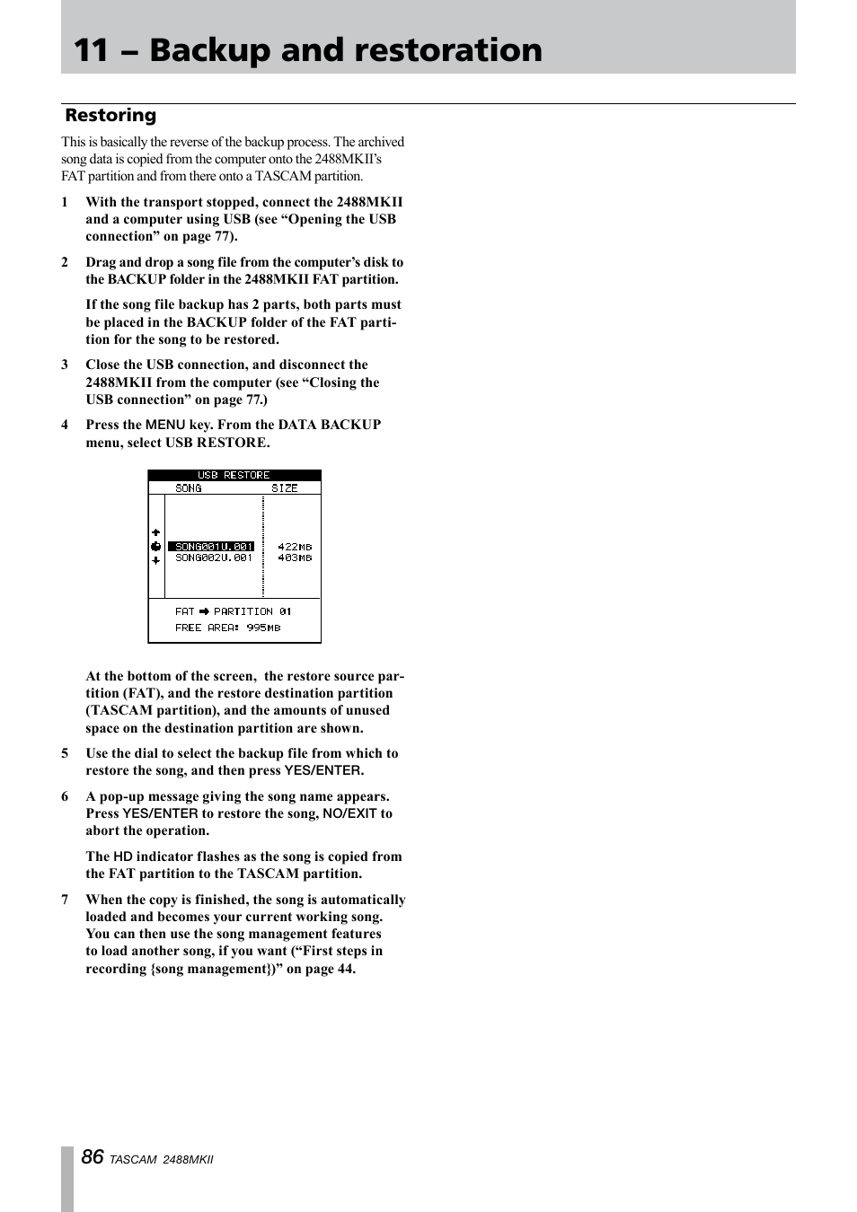 Restoring, 11 − backup and restoration | Tascam 2488MKII User Manual | Page 86 / 116