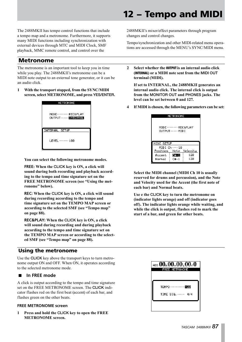 12 − tempo and midi, Metronome, Using the metronome | In free mode | Tascam 2488MKII User Manual | Page 87 / 116