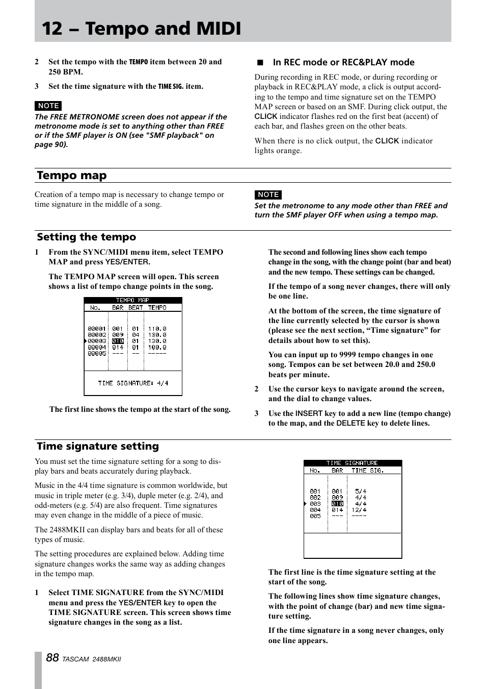 In rec mode or rec&play mode, Tempo map, Setting the tempo | Time signature setting, Setting the tempo time signature setting, 12 − tempo and midi | Tascam 2488MKII User Manual | Page 88 / 116