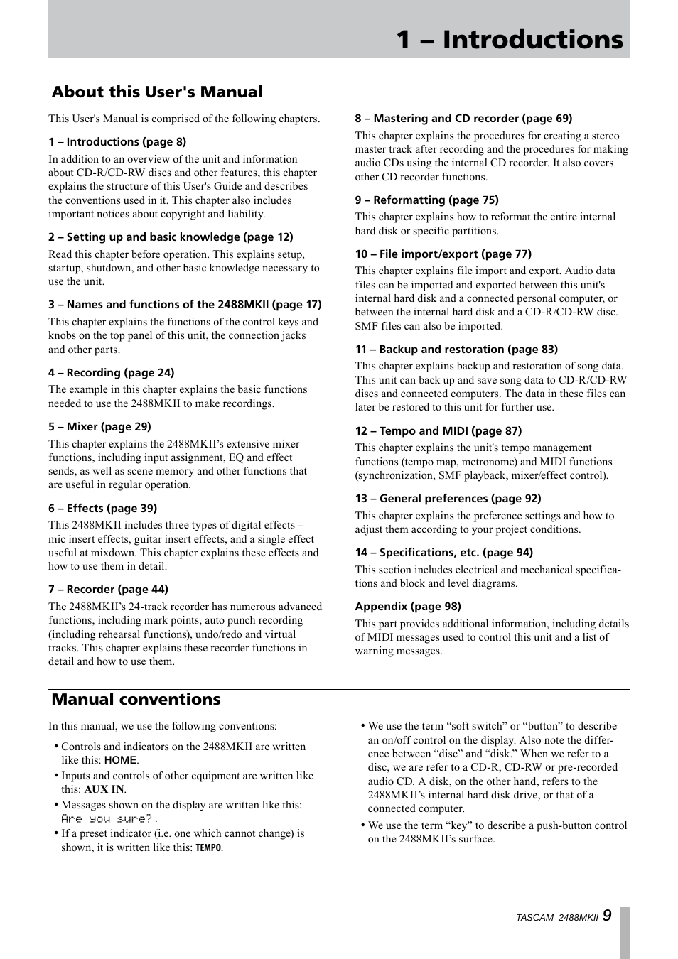 1 − introductions, About this user's manual manual conventions | Tascam 2488MKII User Manual | Page 9 / 116