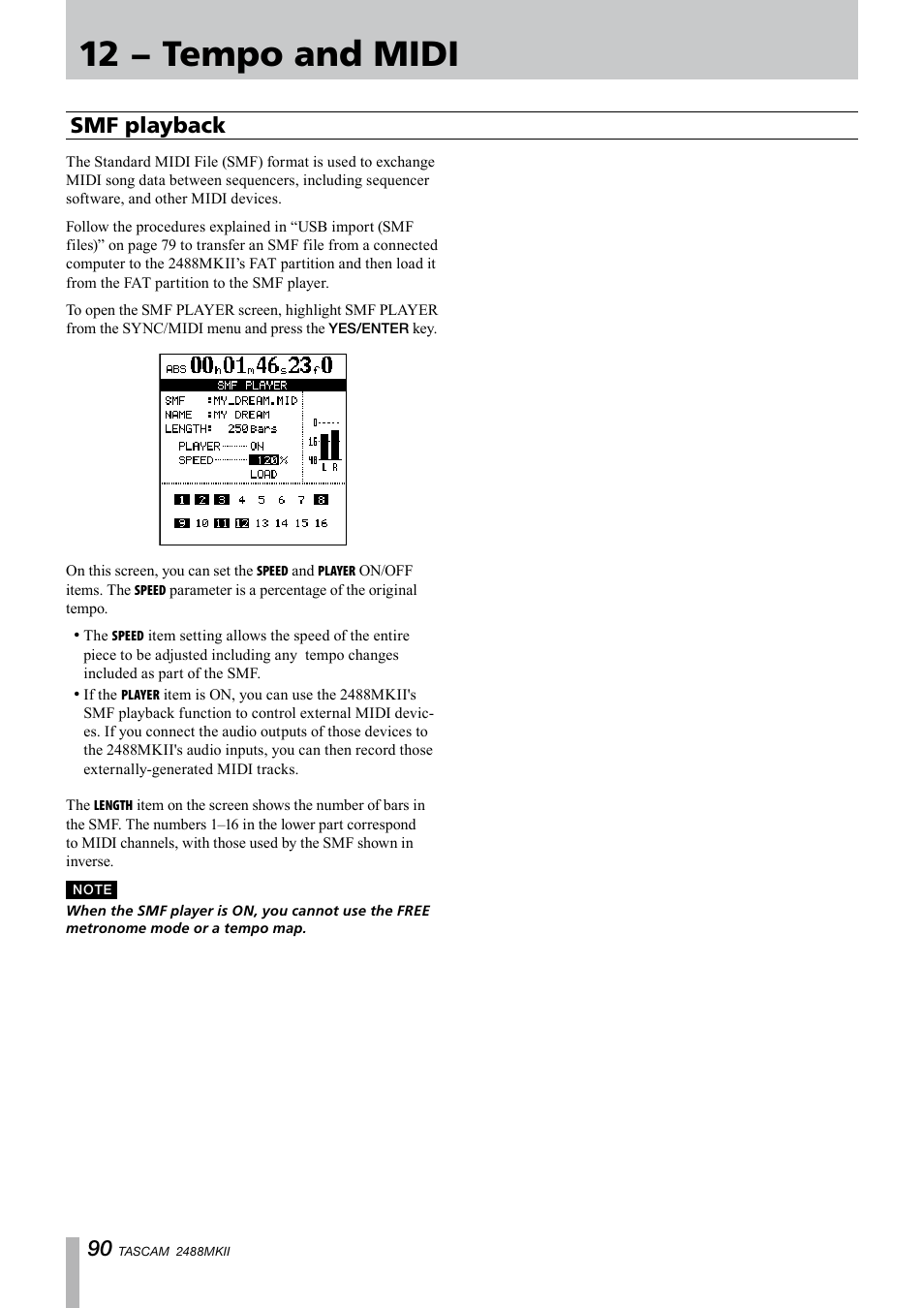 Smf playback, 12 − tempo and midi | Tascam 2488MKII User Manual | Page 90 / 116