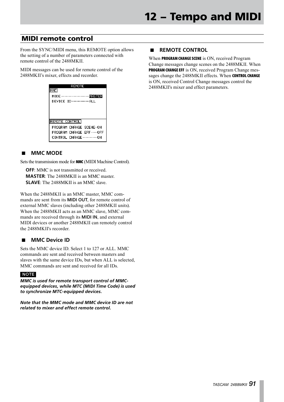 Midi remote control, Mmc mode, Mmc device id | Remote control, Mmc mode mmc device id remote control, 12 − tempo and midi | Tascam 2488MKII User Manual | Page 91 / 116