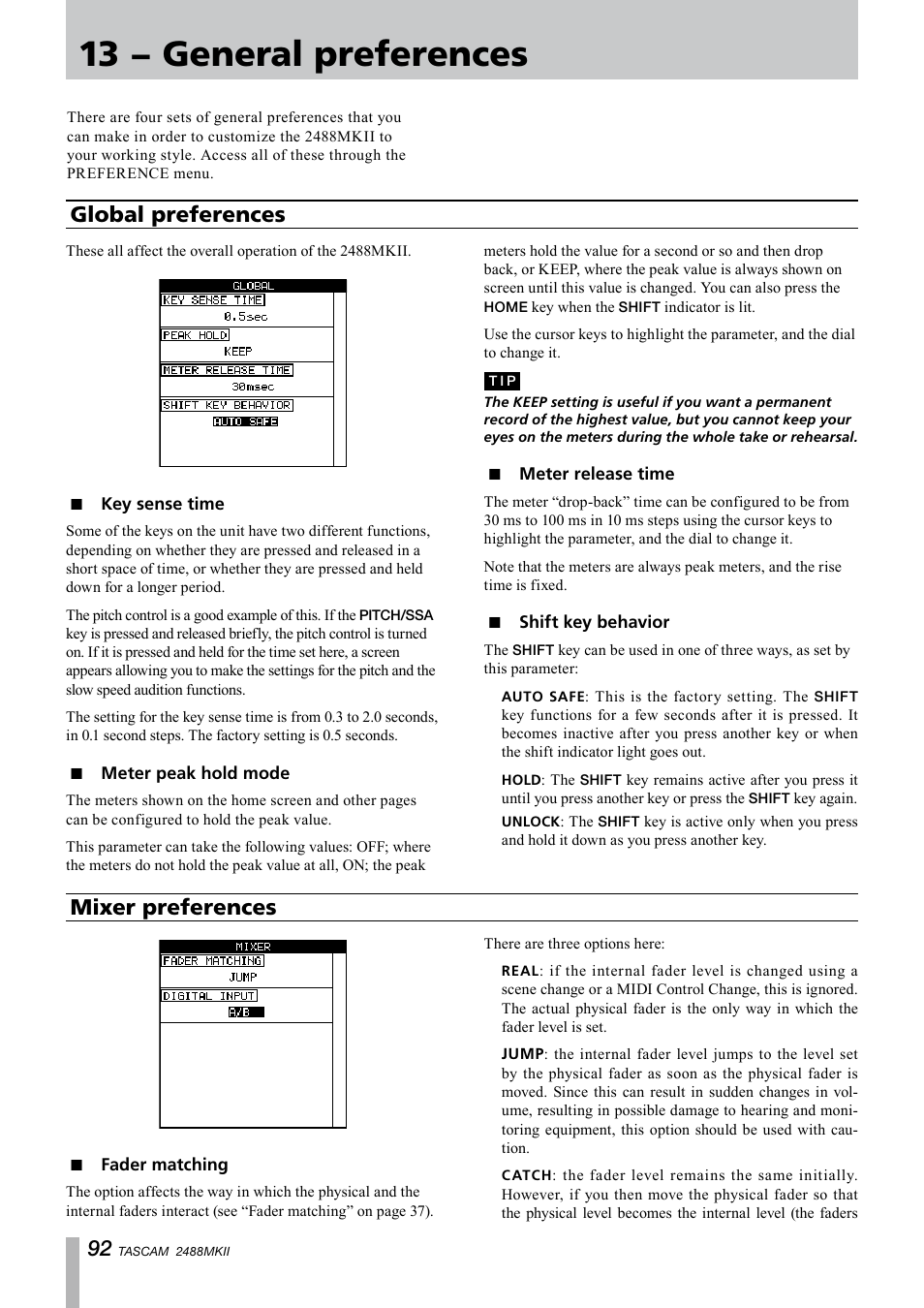 13 − general preferences, Global preferences, Key sense time | Meter peak hold mode, Meter release time, Shift key behavior, Mixer preferences, Fader matching, Shift | Tascam 2488MKII User Manual | Page 92 / 116