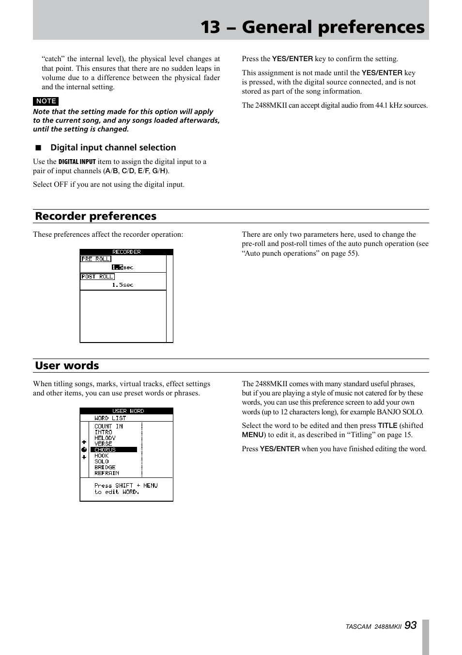 Digital input channel selection, Recorder preferences, User words | Recorder preferences user words, Recorder prefer, Ences, 13 − general preferences | Tascam 2488MKII User Manual | Page 93 / 116
