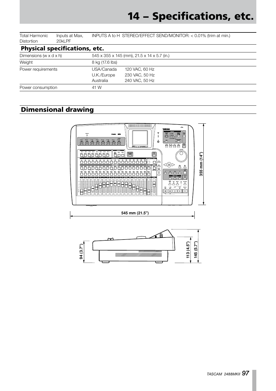 Physical specifications, etc, Dimensional drawing, 14 − specifications, etc | Tascam 2488MKII User Manual | Page 97 / 116