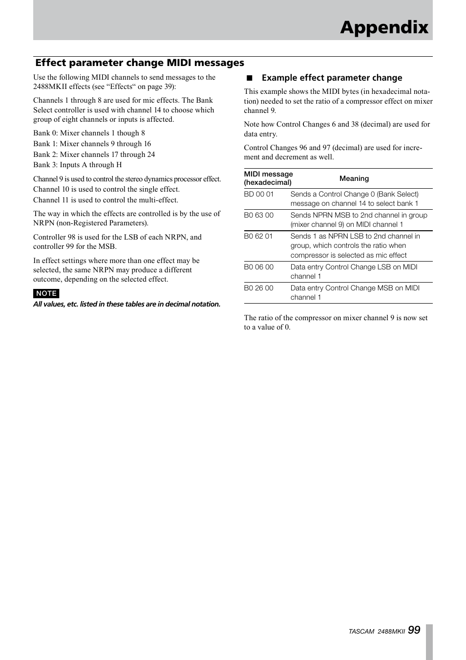 Effect parameter change midi messages, Example effect parameter change, Appendix | Tascam 2488MKII User Manual | Page 99 / 116