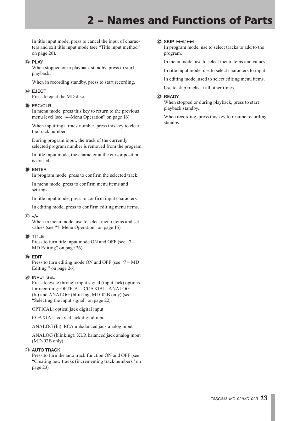 2 − names and functions of parts | Tascam MD-02 User Manual | Page 13 / 40