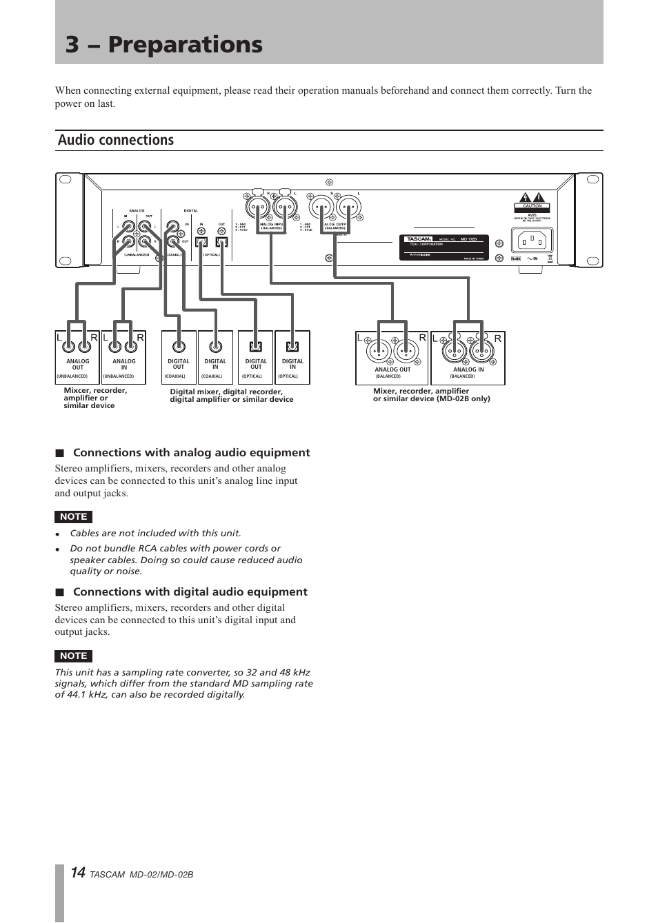 3 − preparations, Audio connections, Connections with analog audio equipment ª | Connections with digital audio equipment ª | Tascam MD-02 User Manual | Page 14 / 40