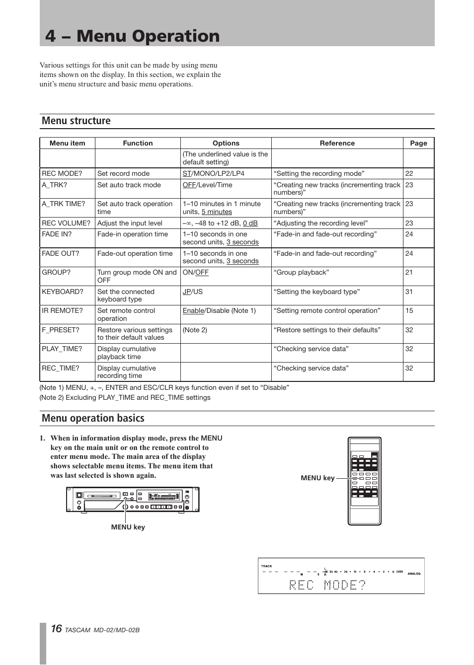 4 − menu operation, Menu structure, Menu operation basics | Menu structure menu operation basics | Tascam MD-02 User Manual | Page 16 / 40