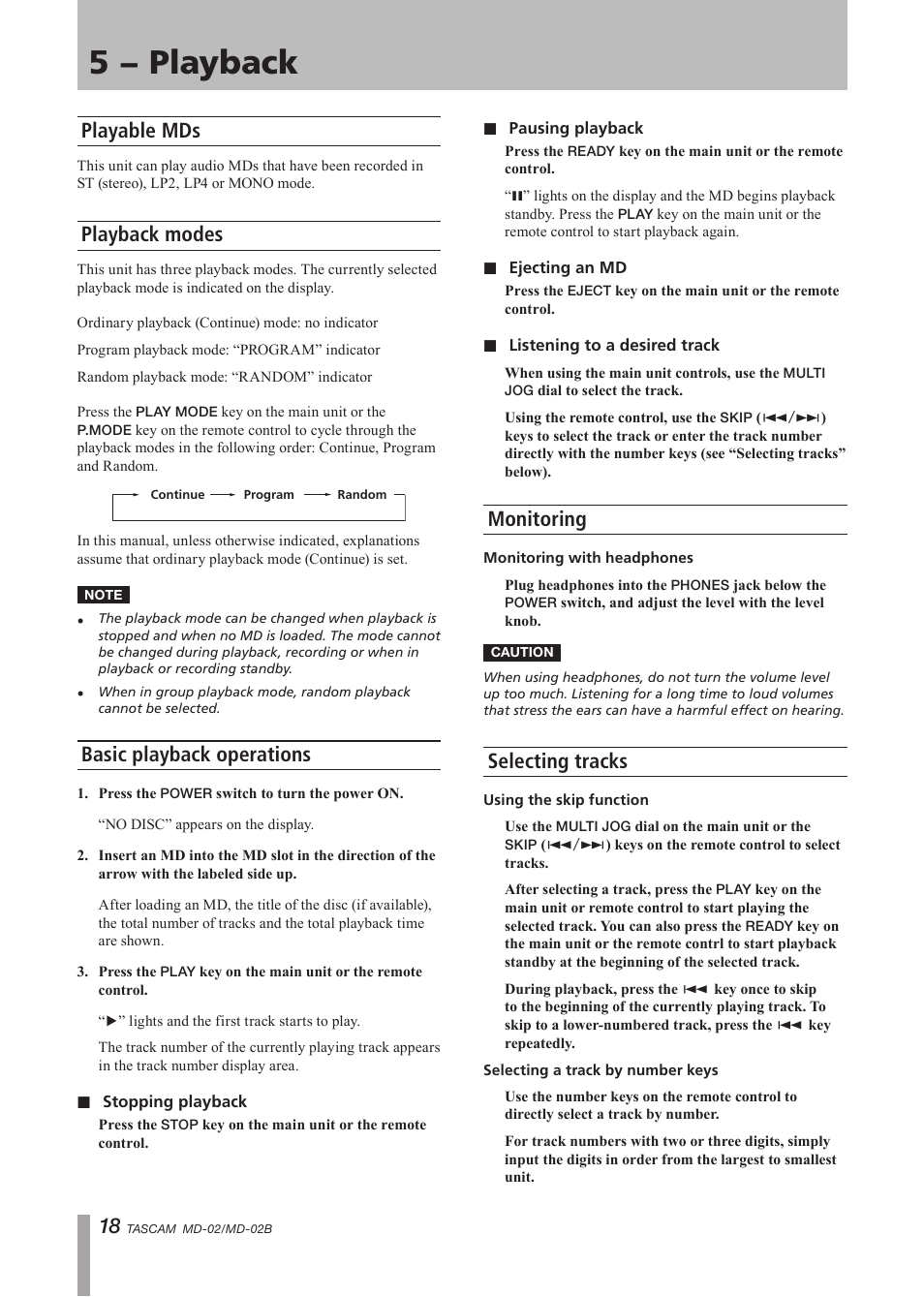 5 − playback, Playable mds, Playback modes | Basic playback operations, Monitoring, Selecting tracks | Tascam MD-02 User Manual | Page 18 / 40