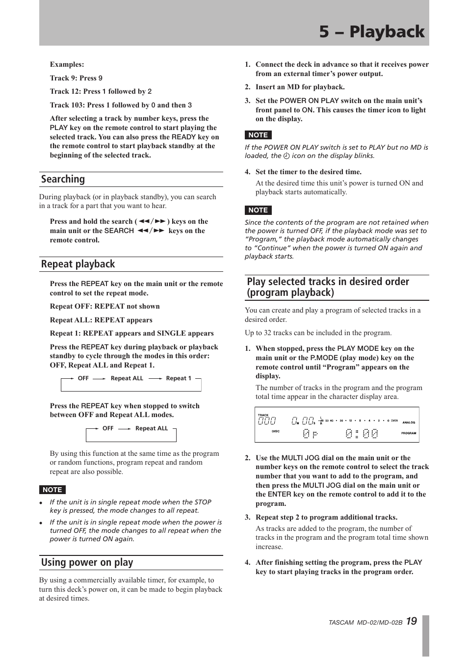 Searching, Repeat playback, Using power on play | 5 − playback | Tascam MD-02 User Manual | Page 19 / 40