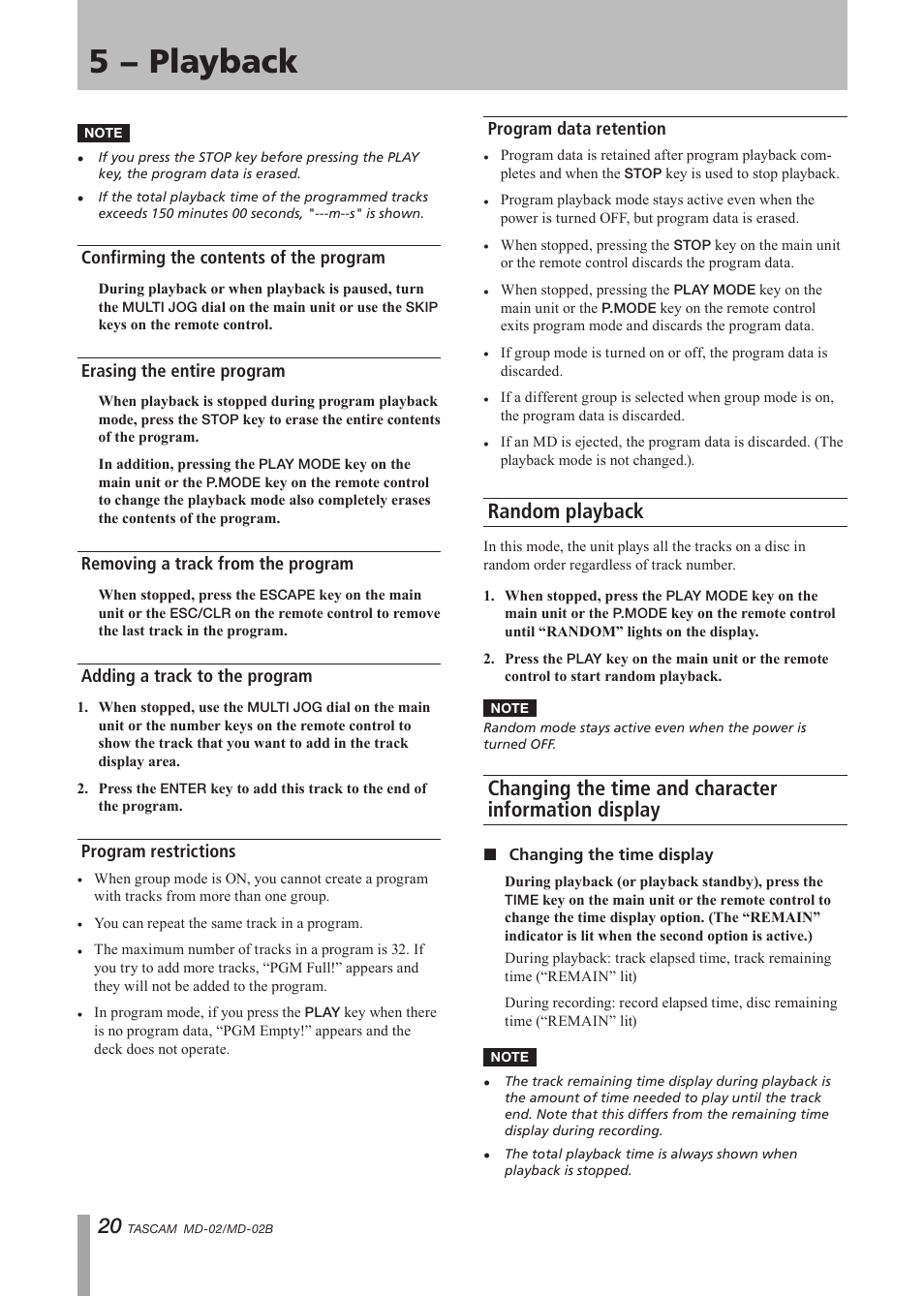 Confirming the contents of the program, Erasing the entire program, Removing a track from the program | Adding a track to the program, Program restrictions, Program data retention, Random playback, Confirming the contents of the, 5 − playback | Tascam MD-02 User Manual | Page 20 / 40