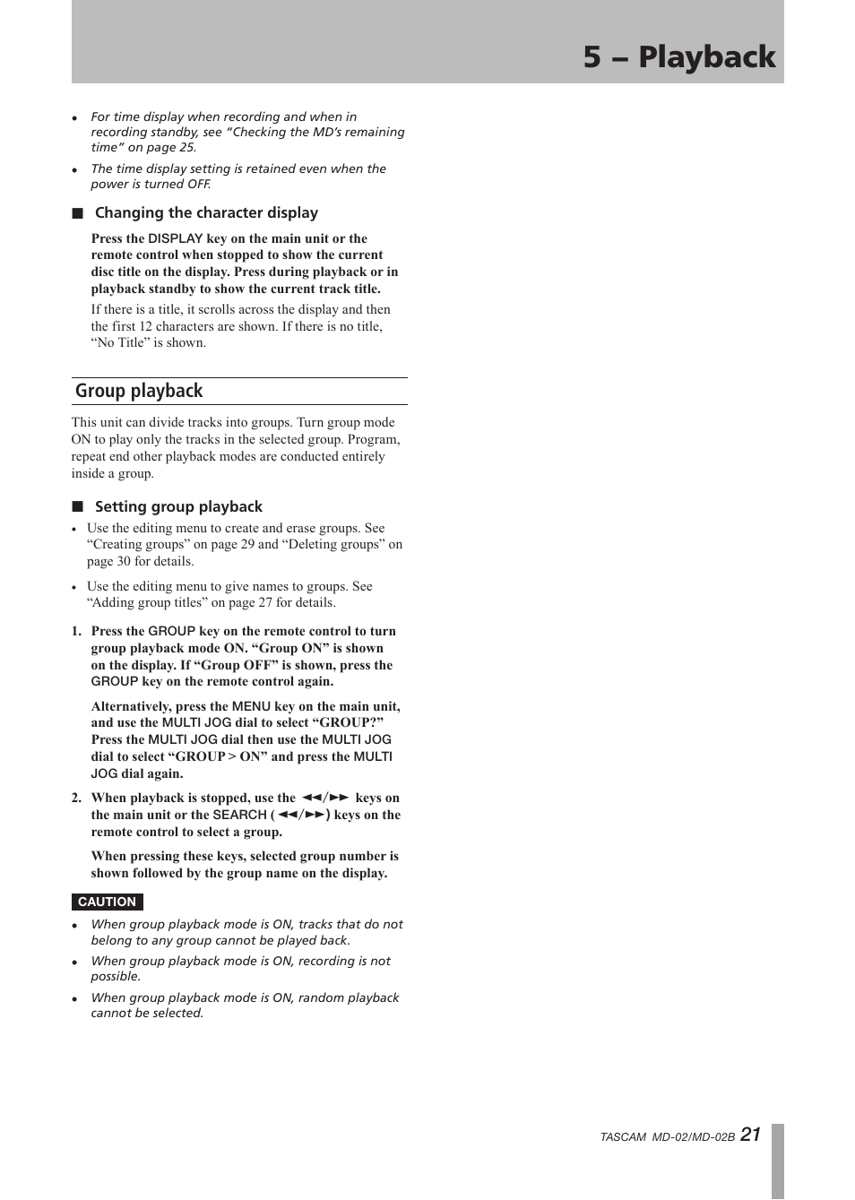 Group playback, 5 − playback | Tascam MD-02 User Manual | Page 21 / 40