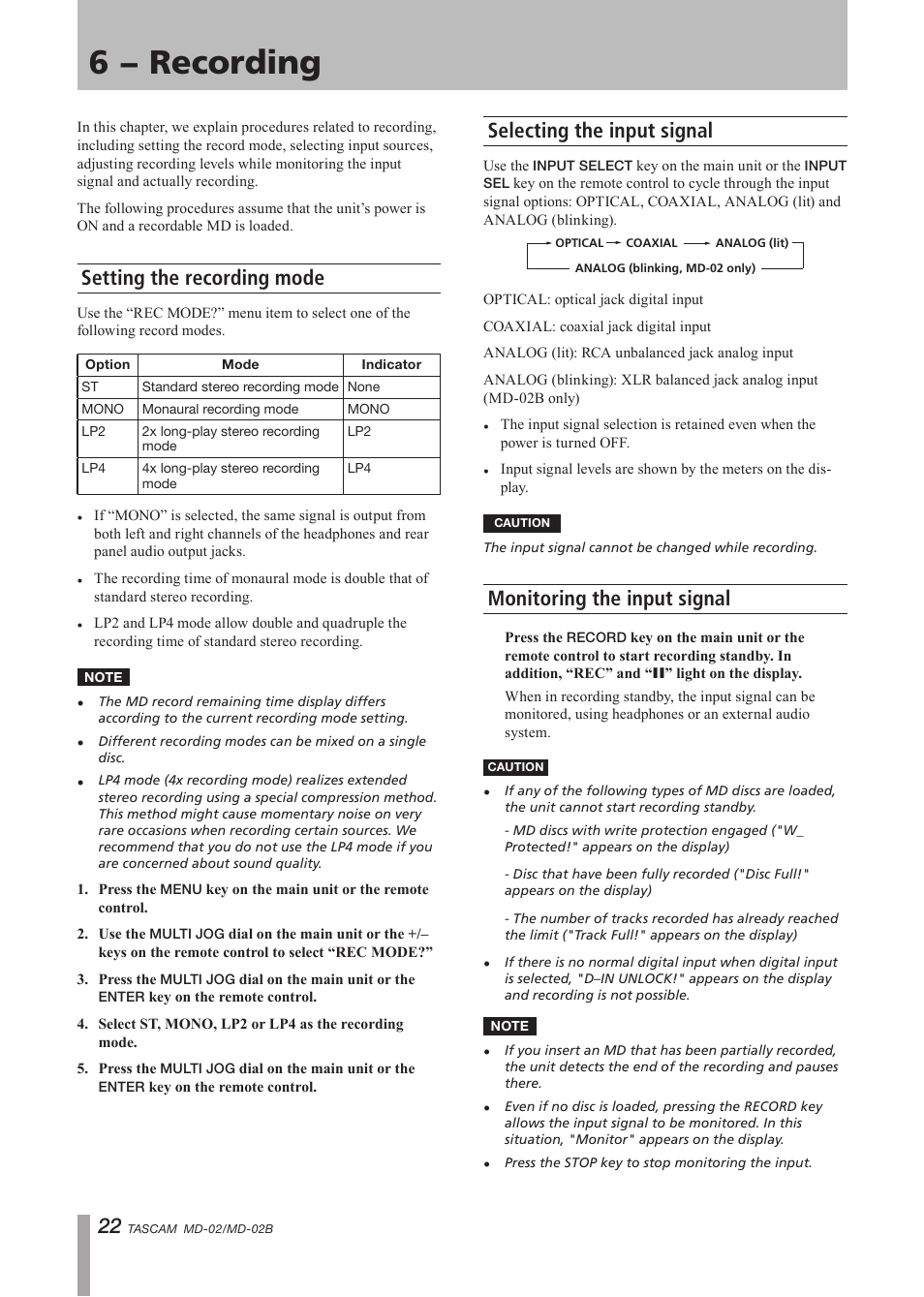 6 − recording, Setting the recording mode, Selecting the input signal | Monitoring the input signal | Tascam MD-02 User Manual | Page 22 / 40