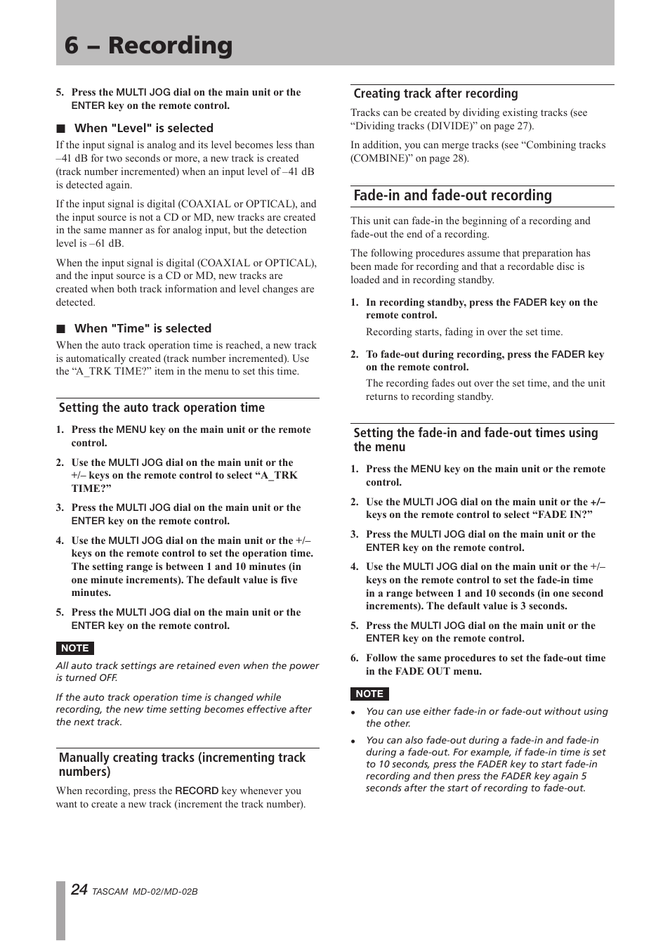 Setting the auto track operation time, Creating track after recording, Fade-in and fade-out recording | 6 − recording | Tascam MD-02 User Manual | Page 24 / 40
