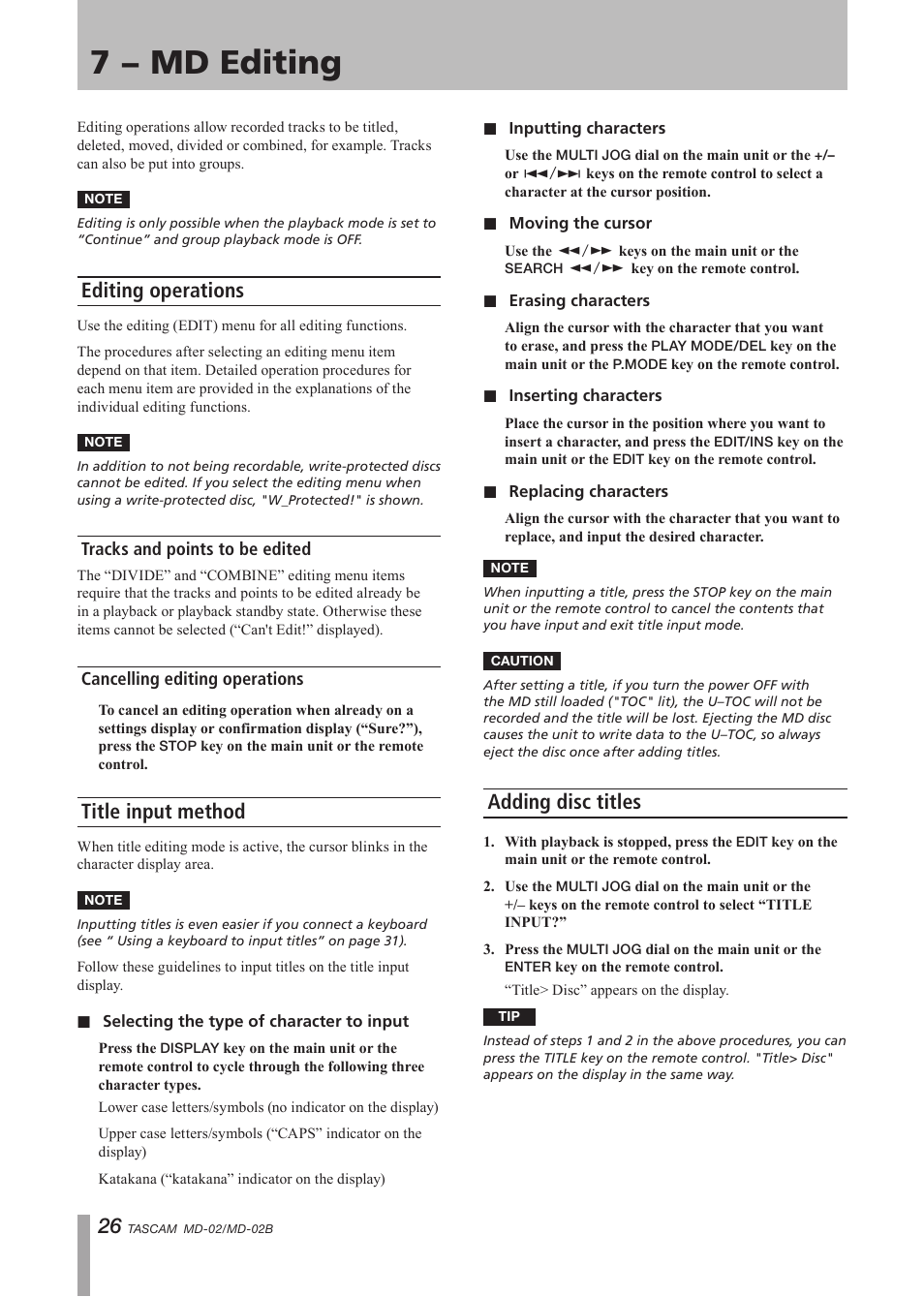 7 − md editing, Editing operations, Tracks and points to be edited | Cancelling editing operations, Title input method, Adding disc titles, Title input method adding disc titles | Tascam MD-02 User Manual | Page 26 / 40