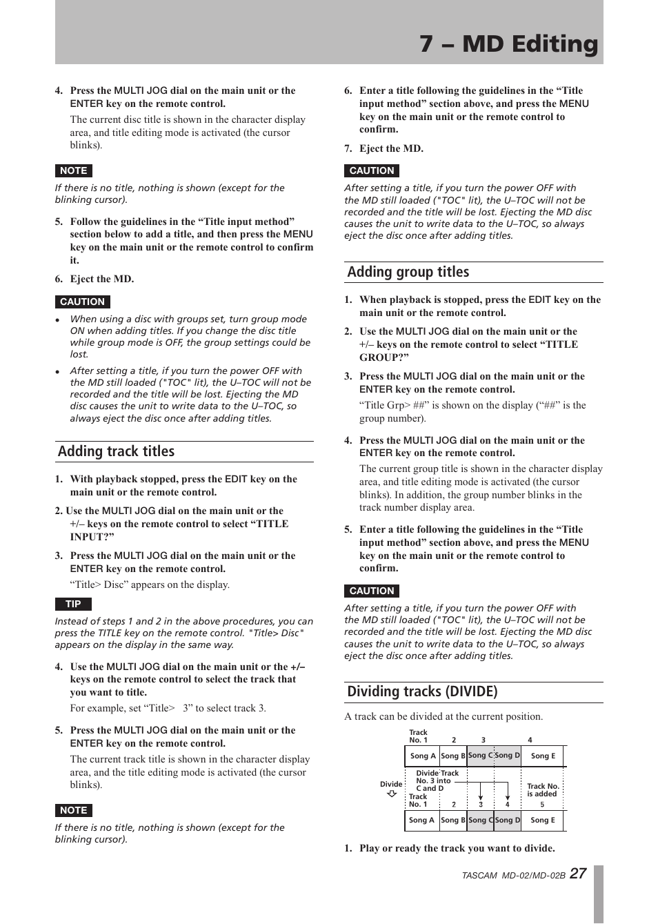 Adding track titles, Adding group titles, Dividing tracks (divide) | 7 − md editing | Tascam MD-02 User Manual | Page 27 / 40