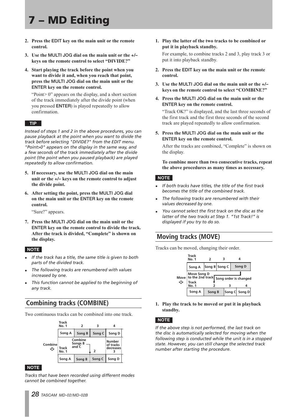 Combining tracks (combine), Moving tracks (move), Combining tracks (combine) moving tracks (move) | 7 − md editing | Tascam MD-02 User Manual | Page 28 / 40