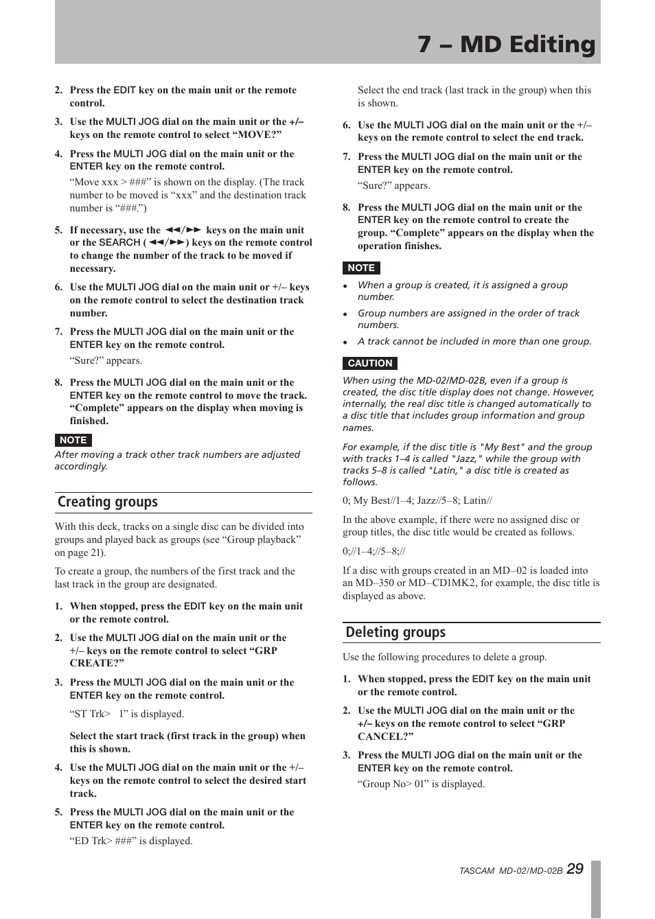 Creating groups, 7 − md editing, Deleting groups | Tascam MD-02 User Manual | Page 29 / 40