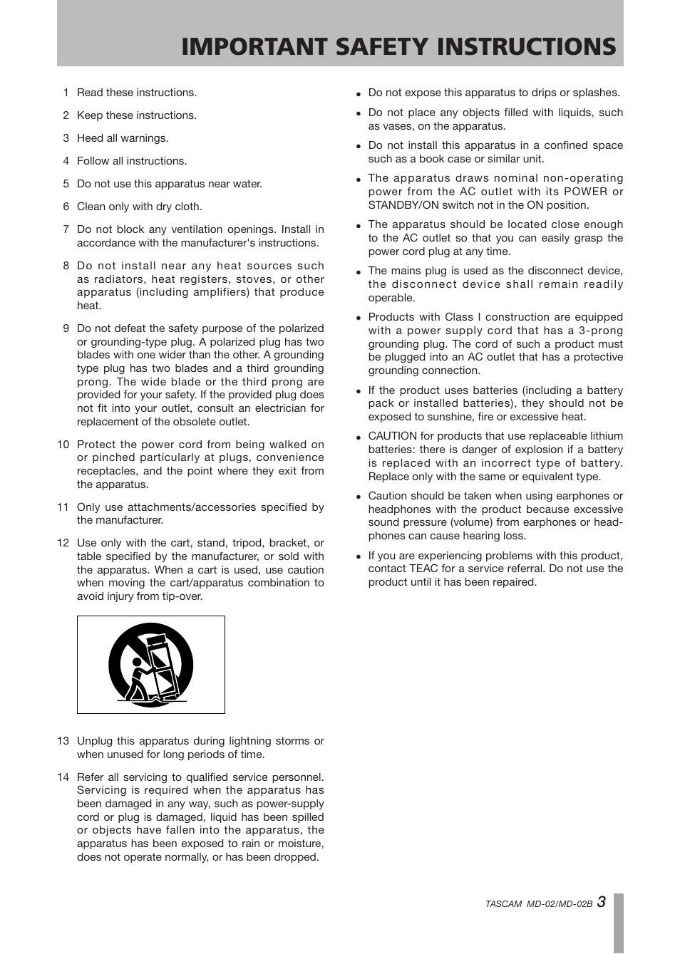 Important safety instructions | Tascam MD-02 User Manual | Page 3 / 40