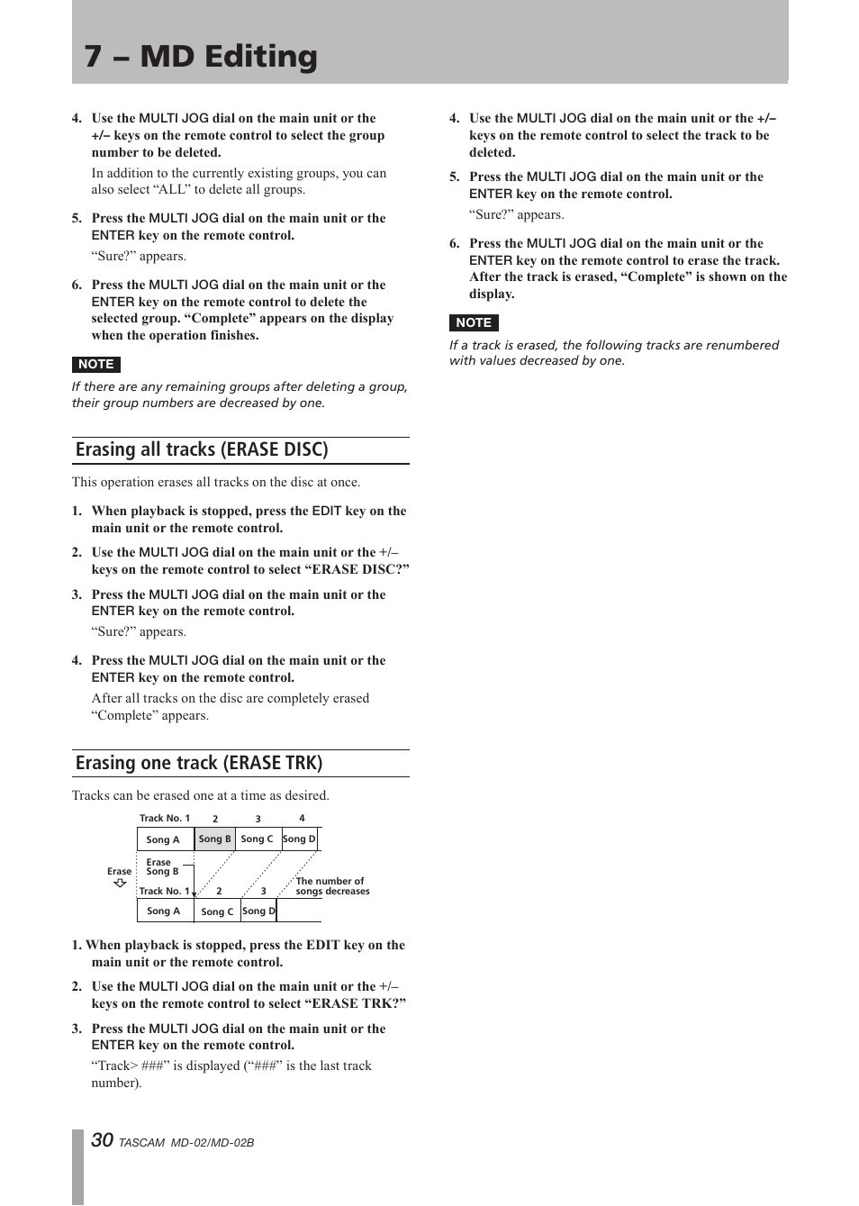 Deleting groups, Erasing all tracks (erase disc), Erasing one track (erase trk) | 7 − md editing | Tascam MD-02 User Manual | Page 30 / 40