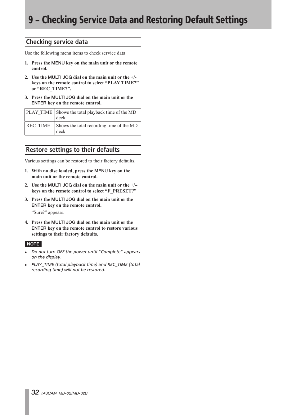 Checking service data, Restore settings to their defaults, 9 − checking service data and restoring | Default settings | Tascam MD-02 User Manual | Page 32 / 40