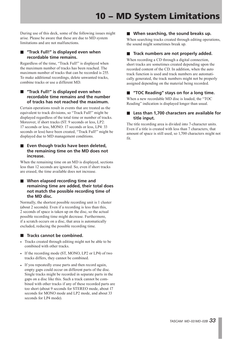 10 − md system limitations | Tascam MD-02 User Manual | Page 33 / 40