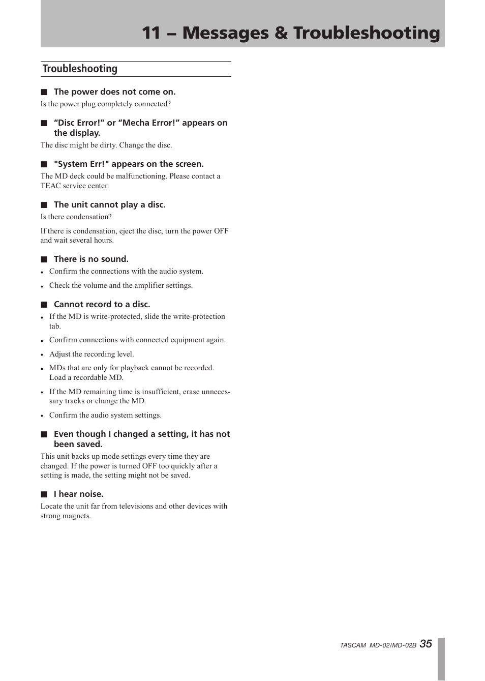 Troubleshooting, 11 − messages & troubleshooting, 35 troubleshooting | Tascam MD-02 User Manual | Page 35 / 40