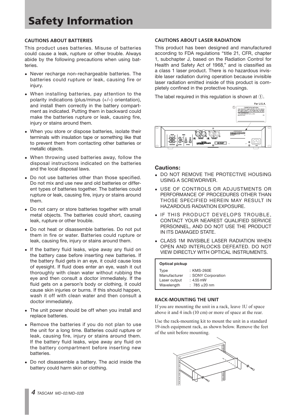 Safety information | Tascam MD-02 User Manual | Page 4 / 40