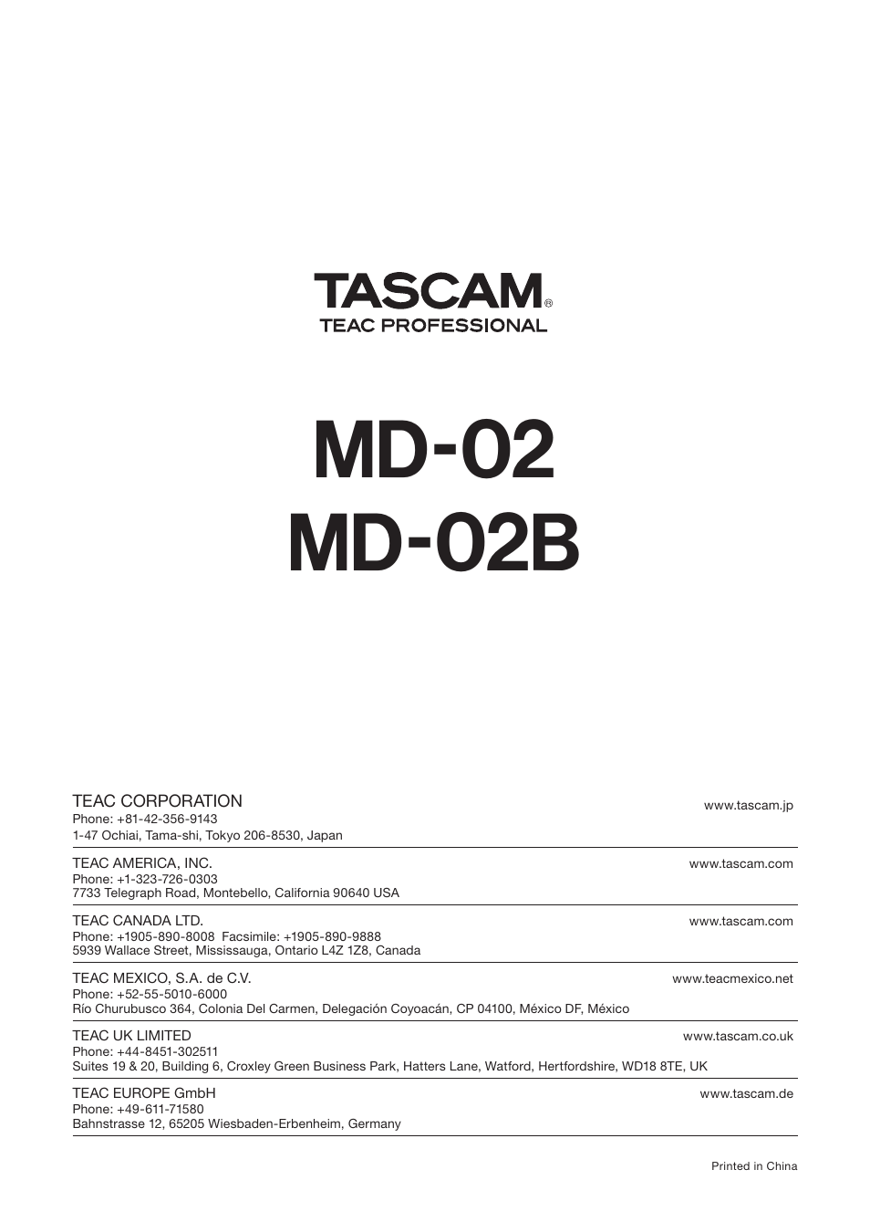 Md-02 md-02b | Tascam MD-02 User Manual | Page 40 / 40