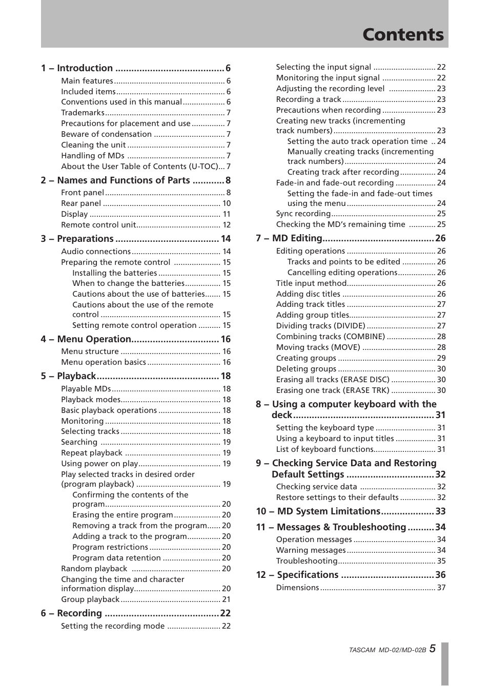 Tascam MD-02 User Manual | Page 5 / 40