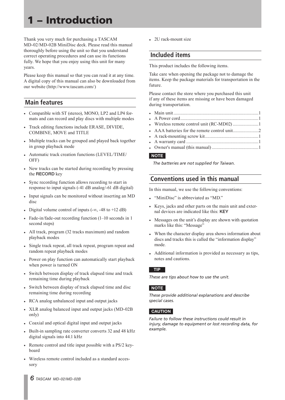 1 − introduction, Main features, Included items | Conventions used in this manual | Tascam MD-02 User Manual | Page 6 / 40